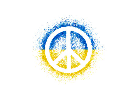 Peace symbol on glitter with the colors of the Ukrainian flag isolated on white backgroundの写真素材