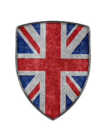 Great Britain flag on metal shield isolated on white backgroundの写真素材