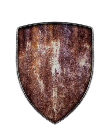 Old rusty shield isolated on white backgroundの写真素材