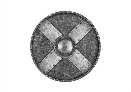 Old metal round shield isolated on white backgroundの写真素材