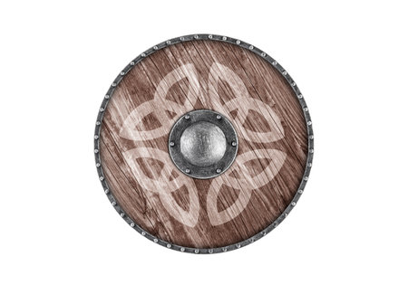 Old decorated wooden round shield isolated on white backgroundの写真素材