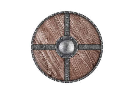 Old wooden round shield isolated on white backgroundの写真素材