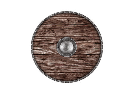 Old wooden round shield isolated on white backgroundの写真素材