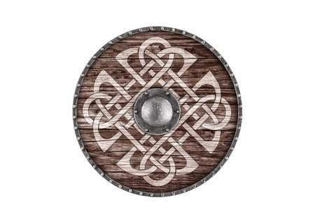 Old decorated wooden round shield isolated on white backgroundの写真素材