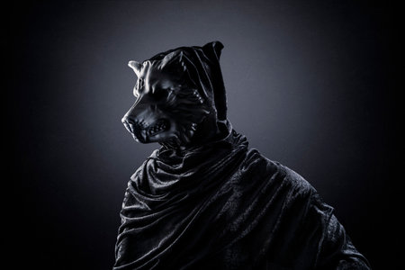 Wolf in hooded cloak at night over dark misty backgroundの写真素材