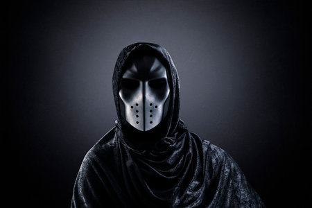 Mysterious humanoid alien at night over dark misty backgroundの写真素材