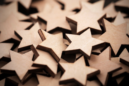 Group of small wooden stars, macro shot. Christmas background.の写真素材