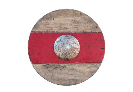 Old wooden round shield isolated on white backgroundの写真素材