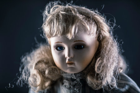 Vintage doll face on dark backgroundの写真素材