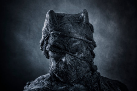 Portrait of a horned demon on dark misty backgroundの写真素材