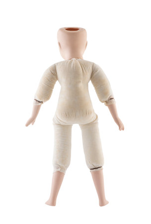 Back view of vintage doll isolated on white background with clipping pathの写真素材