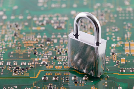 Computer security concept. Silver padlock on green computer circuit boardの写真素材