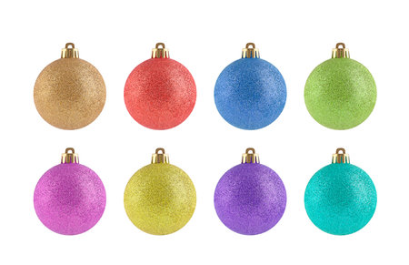 Set of colorful christmas balls isolated on white backgroundの写真素材