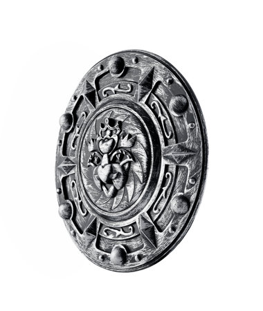 Old ornamental round shield isolated on white background with clipping pathの写真素材