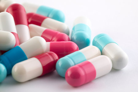 Heap of medicine colorful pills macro shotの写真素材