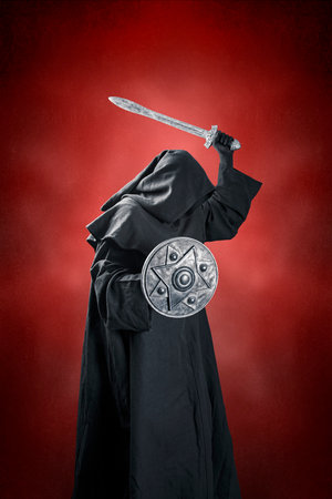 Dark knight with sword and shield over dark red misty background