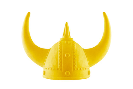 Golden viking horned helmet isolated on white background with clipping pathの写真素材