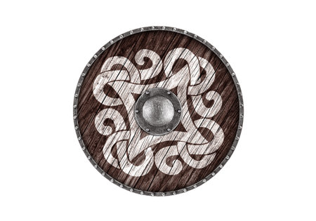 Old decorated wooden round shield isolated on white backgroundの写真素材
