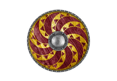 Old decorated wooden round shield isolated on white background