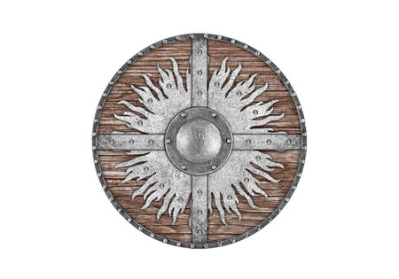 Old decorated wooden round shield isolated on white backgroundの写真素材