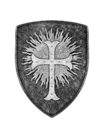 Old metal crusaders shield with cross isolated on white backgroundの写真素材