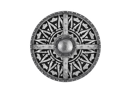 Old decorated metal round shield isolated on white backgroundの写真素材