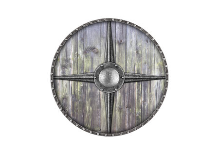 Old wooden round shield isolated on white backgroundの写真素材