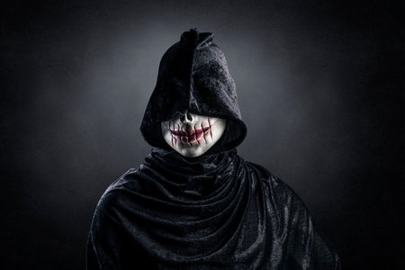 Scary figure with hooded cloak in the darkの写真素材