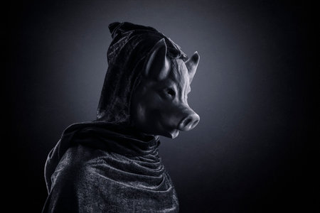 Pig in hooded cloak at night over dark misty background