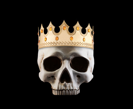 Human skull with ancient golden crown isolated on black backgroundの写真素材