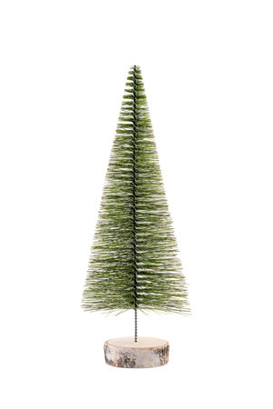 Small green artificial Christmas tree with wooden base isolated on white backgroundの写真素材