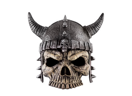 Human skull with horned helmet isolated on white background with clipping pathの写真素材