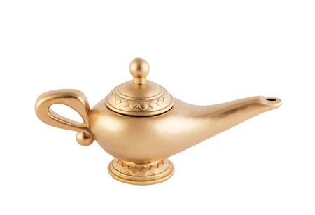 Aladdin golden magic lamp of wishes isolated on white background with clipping pathの写真素材