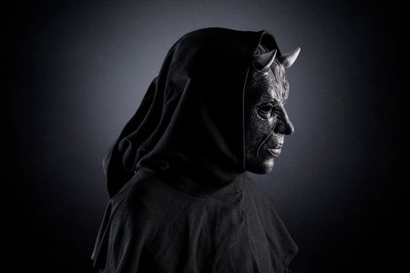 Portrait of a bad devil with horns on head over dark misty backgroundの写真素材