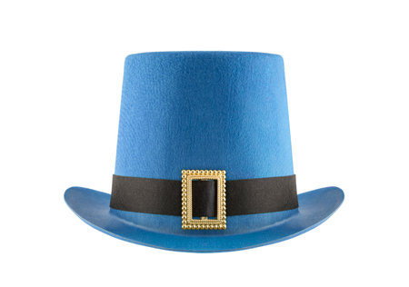 Blue felt top hat with gold buckle isolated on white with clipping pathの写真素材