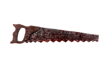 Old retro rusty handle saw in red blood isolated on white background with clipping pathの写真素材
