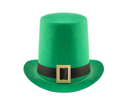Green St. Patrick's Day felt extra tall top hat with gold buckle isolated on white with clipping pathの写真素材