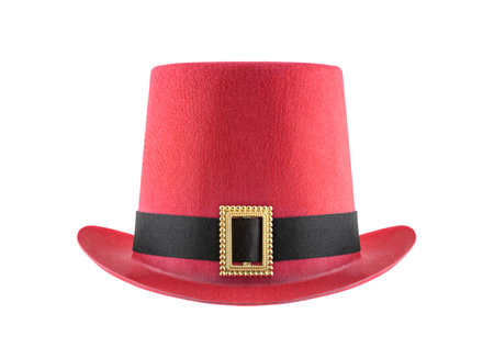 Red felt top hat with gold buckle isolated on white with clipping pathの写真素材