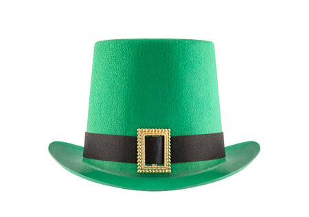 Green St. Patrick's Day felt top hat with gold buckle isolated on white with clipping pathの写真素材