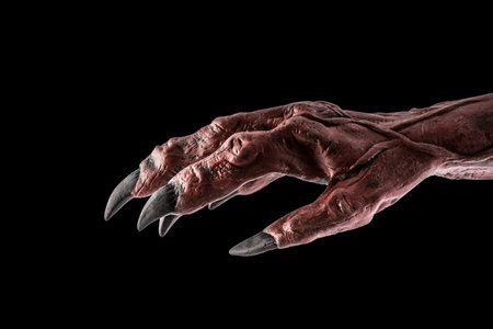Red devil monster hand isolated on black background with clipping pathの写真素材