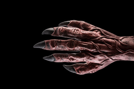 Red devil monster hand isolated on black background with clipping path