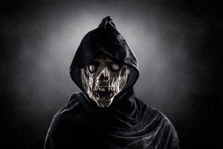 Scary halloween skeleton in black cloak and hood on dark background