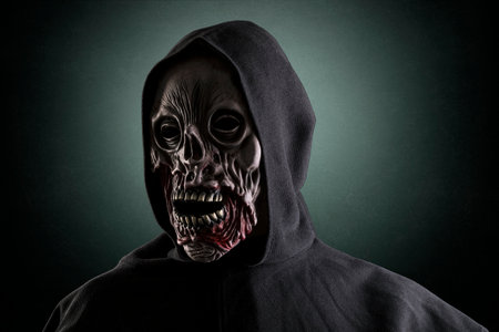 Portrait of a zombie with hooded cape over dark green misty background