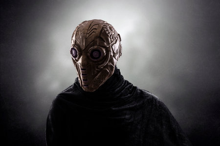 Robot android over dark misty background with clipping path
