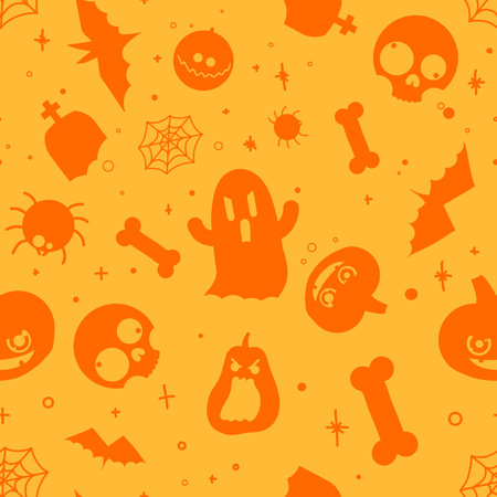 Seamless pattern with Halloween icons. Orange background.の写真素材