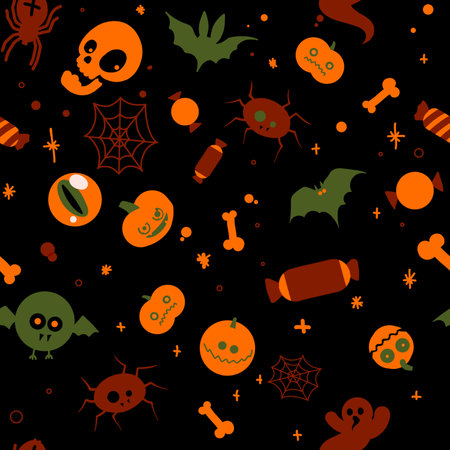 Seamless Halloween pattern. Illustration with pumpkins, spider, candy, bat, skull, pumpkin, bone.の写真素材