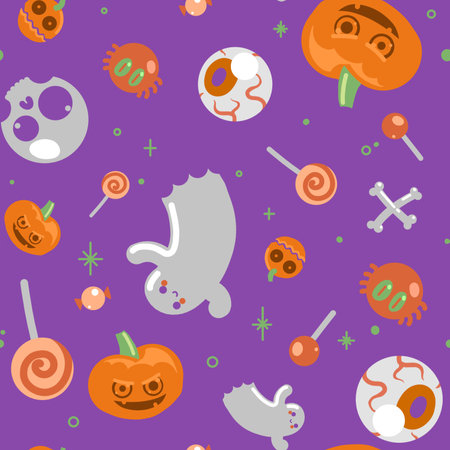 Seamless halloween pattern with pumpkin, candies and sweets.の写真素材