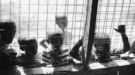 KENYA, KISUMU - MAY 20, 2017: Beautiful African boys peer into a house through the lattice on window.のeditorial素材