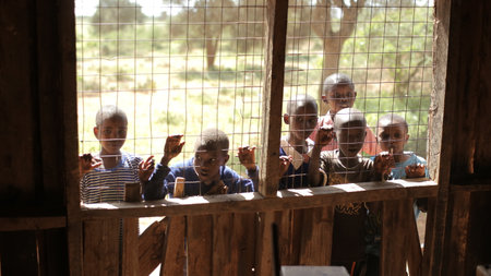 KENYA, KISUMU - MAY 20, 2017: Beautiful African boys peer into a house through the lattice on window.のeditorial素材