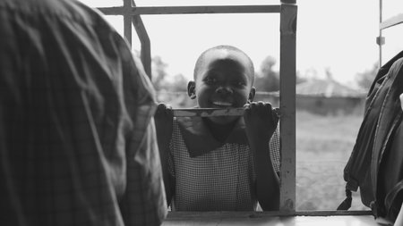 KENYA, KISUMU - MAY 20, 2017: Portrait of little african boy smiling, holding on lattice. Cute male spending time outsideのeditorial素材